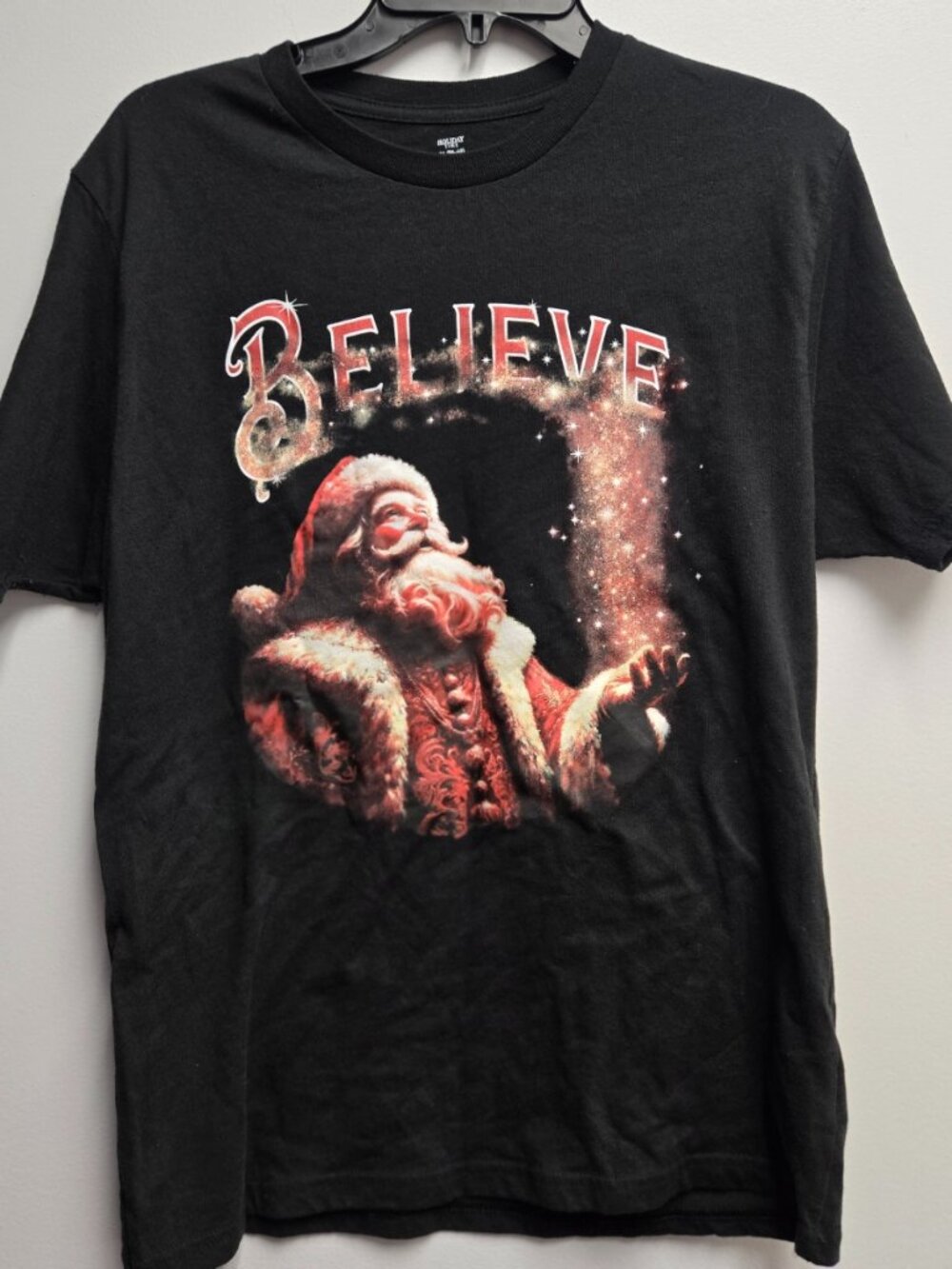 Holiday Time Santa Claus Believe T-Shirt Medium Black Christmas Graphic Tee Men